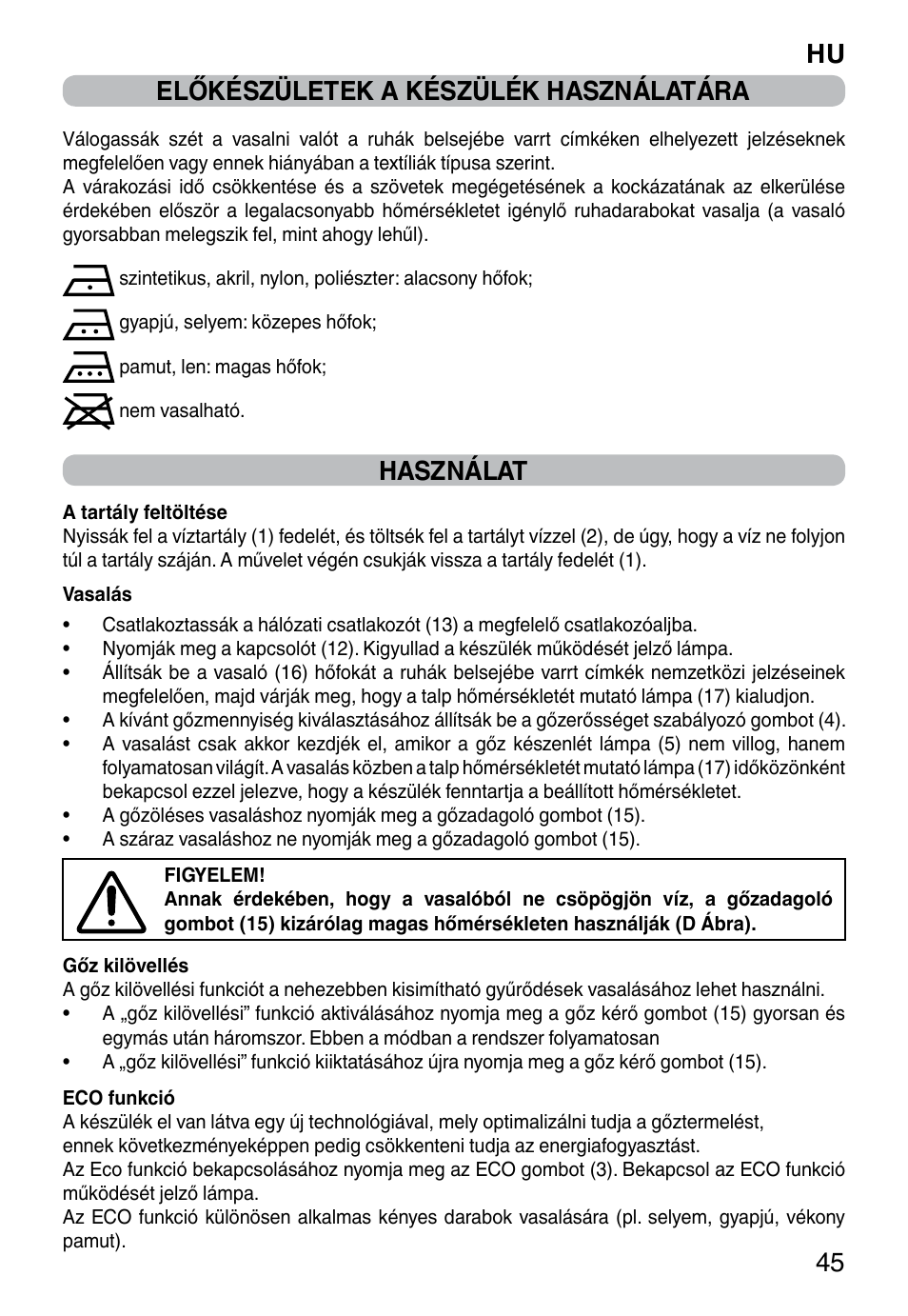 Hu 45 előkészületek a készülék használatára, Használat | Imetec NO-STOP PROFESSIONAL ECO User Manual | Page 47 / 74