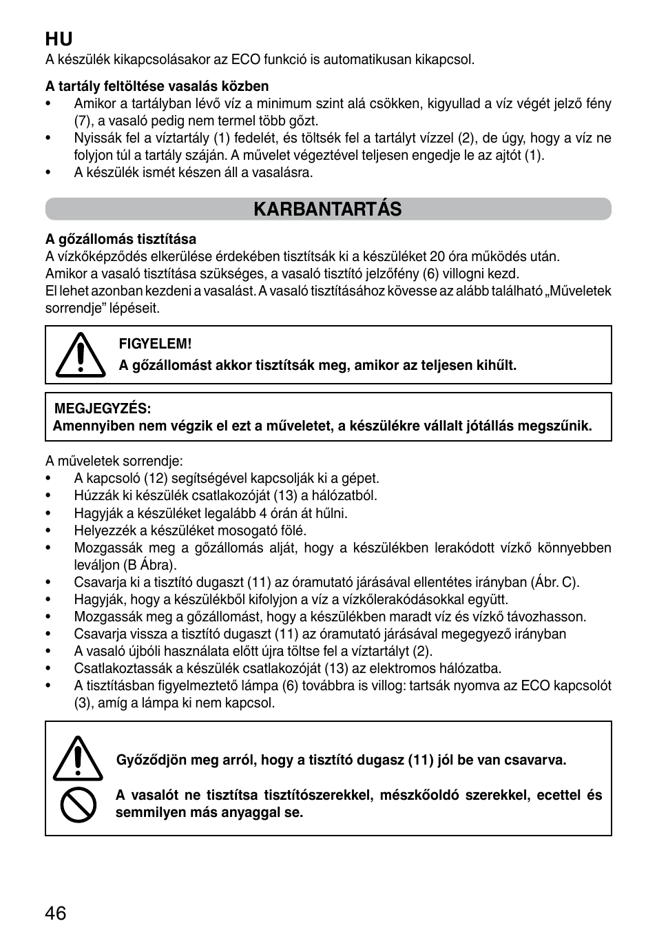 Hu 46, Karbantartás | Imetec NO-STOP PROFESSIONAL ECO User Manual | Page 48 / 74