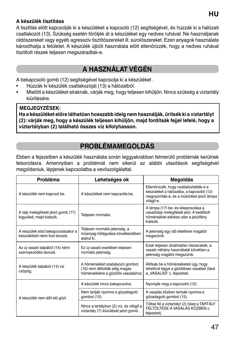 Hu 47, A használat végén, Problémamegoldás | Imetec NO-STOP PROFESSIONAL ECO User Manual | Page 49 / 74
