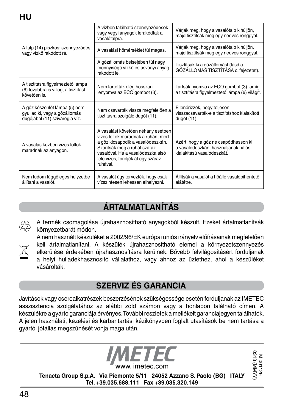 Hu 48, Ártalmatlanítás, Szerviz és garancia | Imetec NO-STOP PROFESSIONAL ECO User Manual | Page 50 / 74