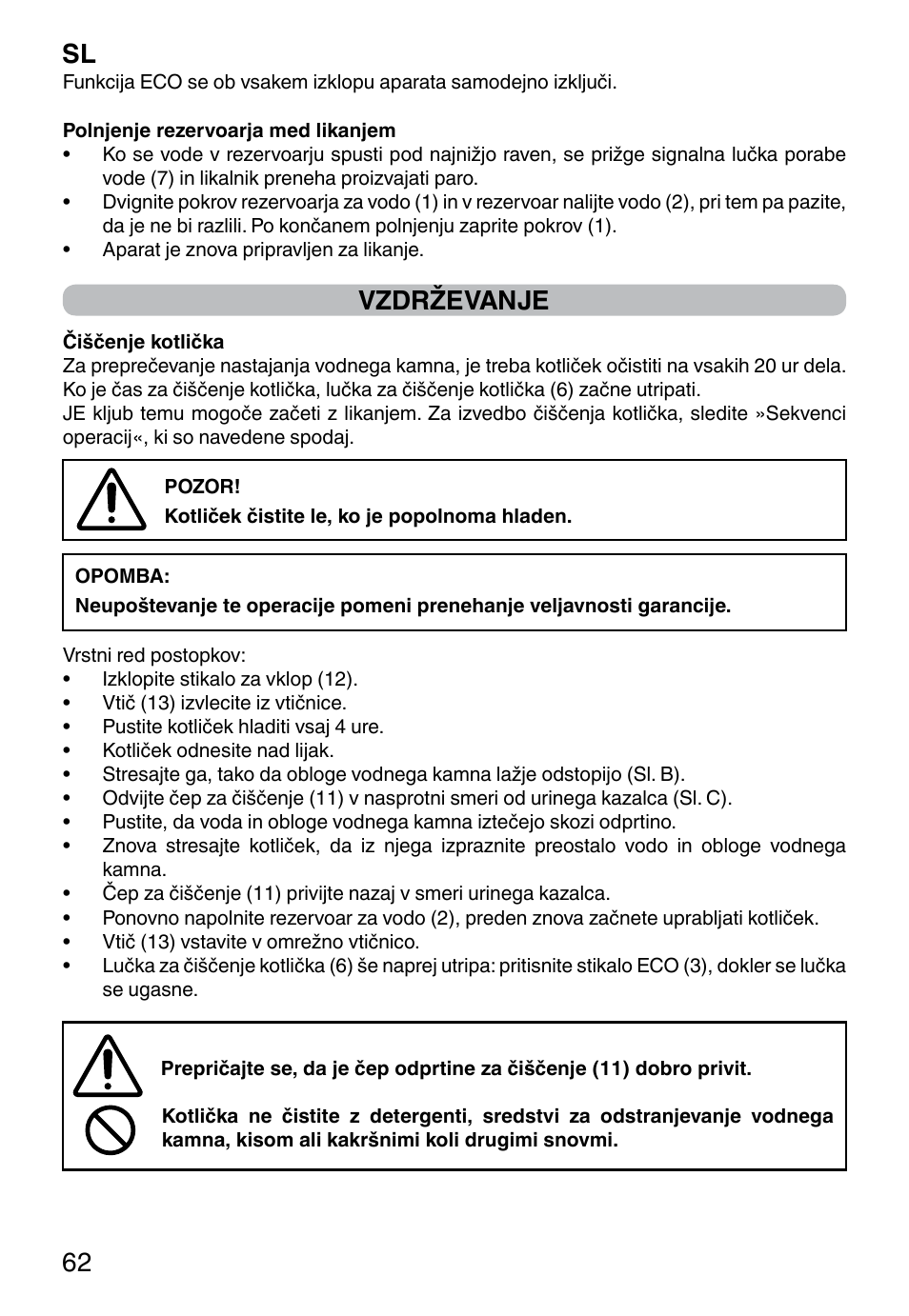 Sl 62, Vzdrževanje | Imetec NO-STOP PROFESSIONAL ECO User Manual | Page 64 / 74
