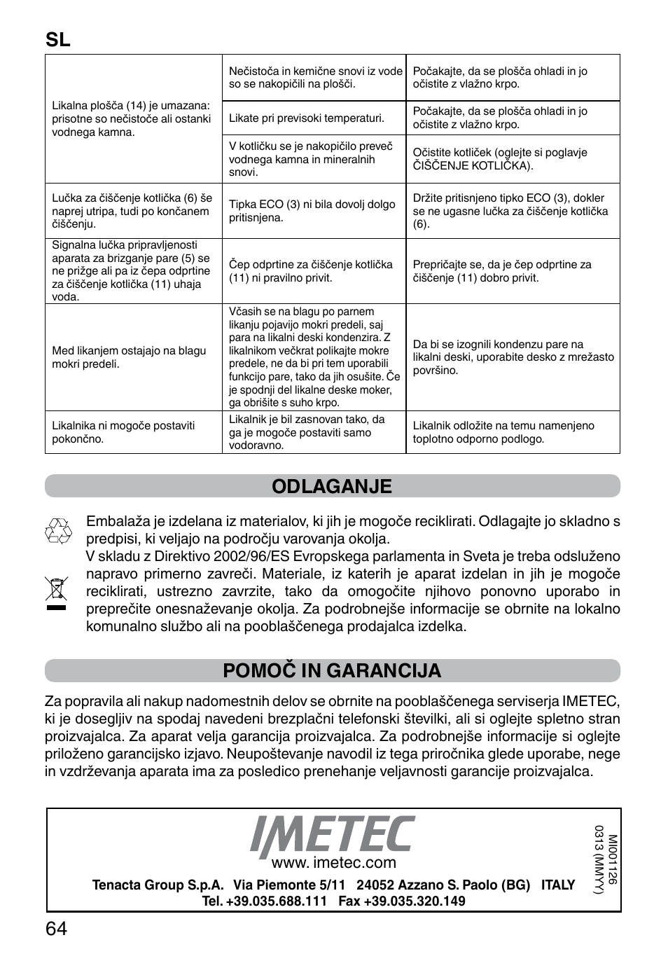 Sl 64, Odlaganje, Pomoč in garancija | Imetec NO-STOP PROFESSIONAL ECO User Manual | Page 66 / 74
