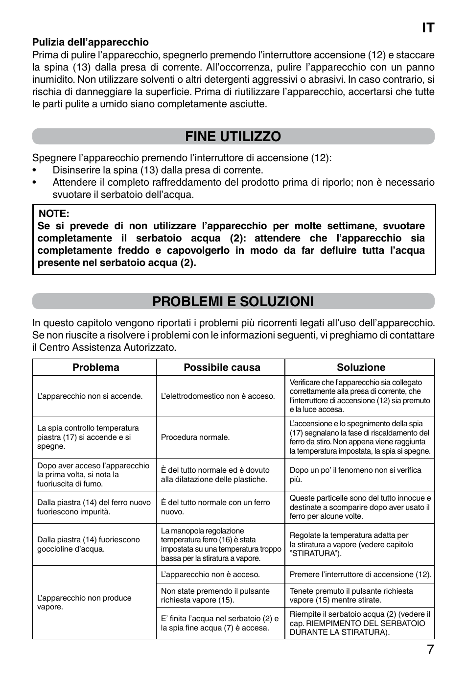 It 7, Fine utilizzo, Problemi e soluzioni | Imetec NO-STOP PROFESSIONAL ECO User Manual | Page 9 / 74