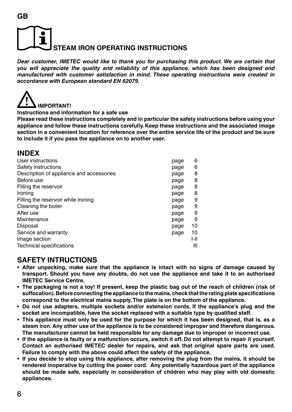 6gb 6, Index, Safety intructions | Steam iron operating instructions | Imetec NO-STOP PRESTIGE ECO User Manual | Page 11 / 54