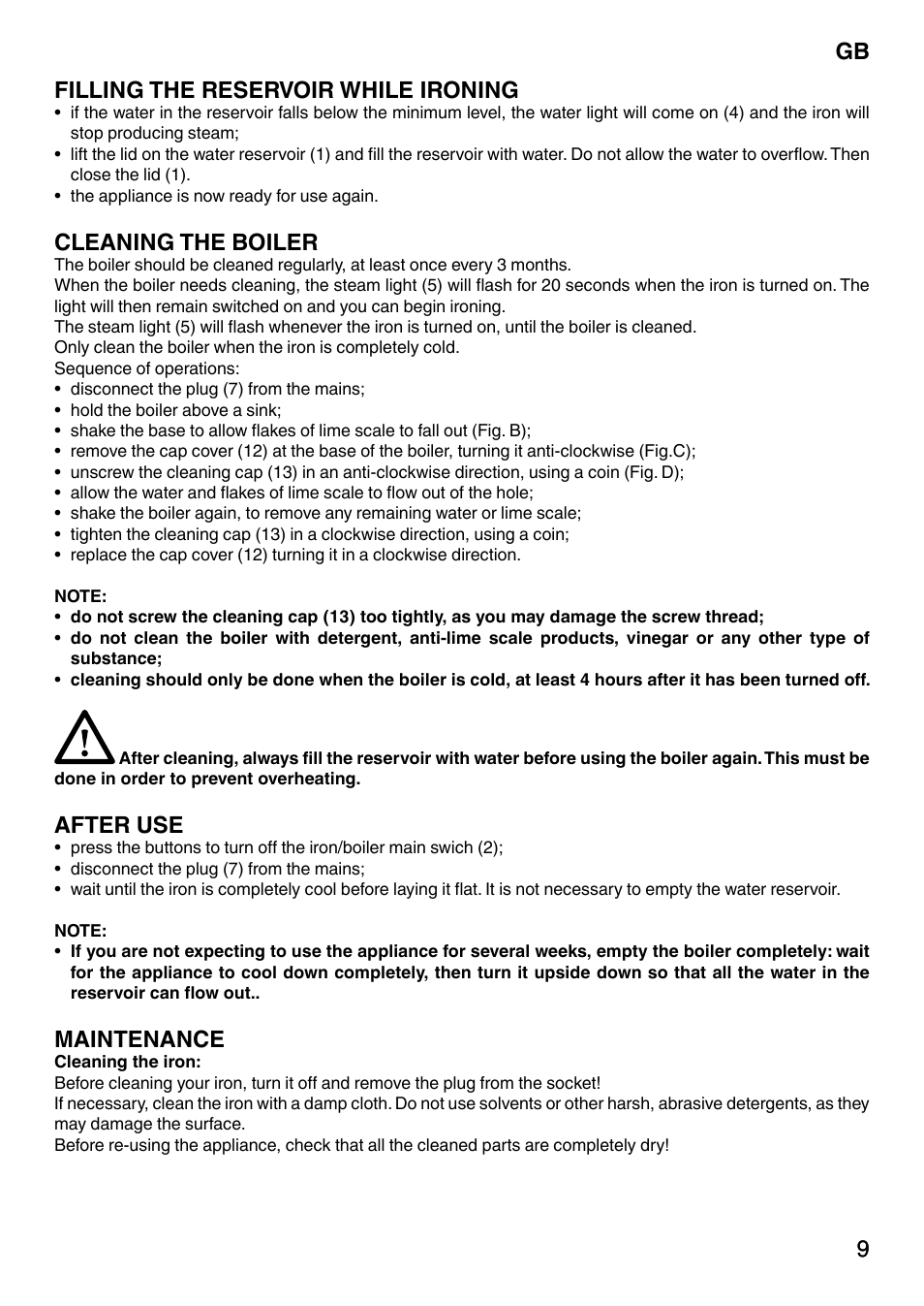 9gb 9 filling the reservoir while ironing, Cleaning the boiler, After use | Maintenance | Imetec NO-STOP PRESTIGE ECO User Manual | Page 14 / 54