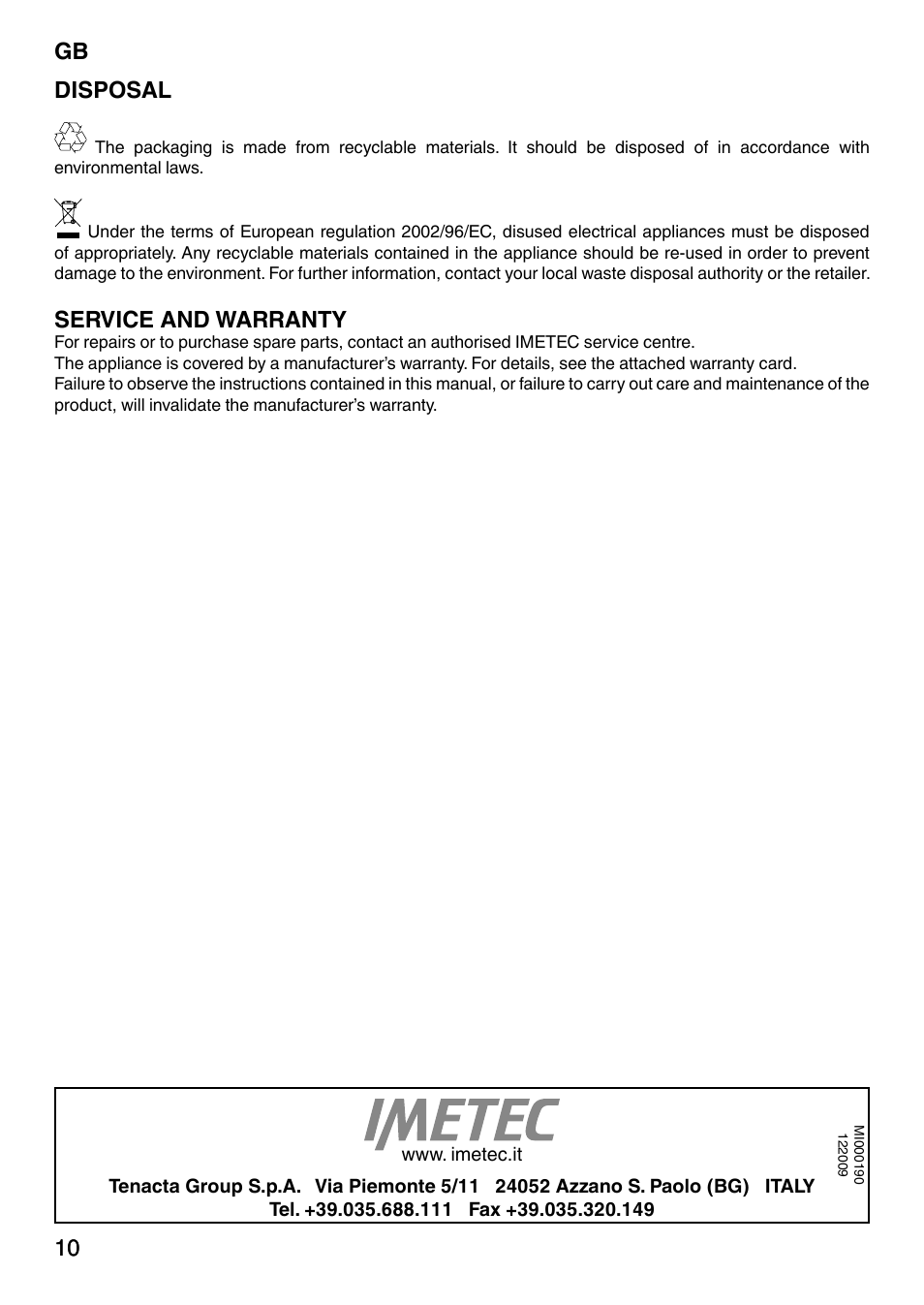10 gb 10 disposal, Service and warranty | Imetec NO-STOP PRESTIGE ECO User Manual | Page 15 / 54