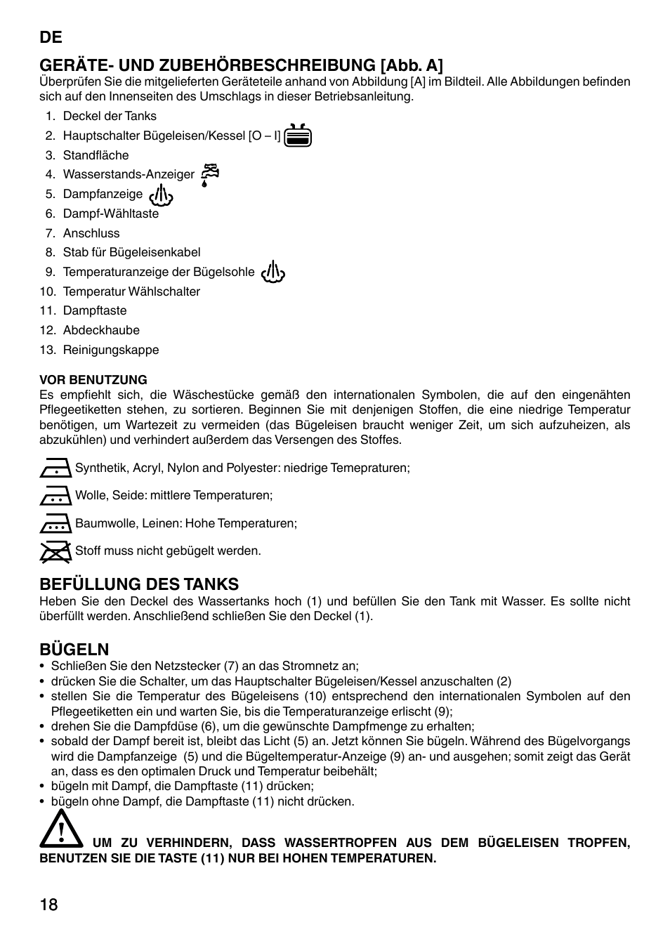 18 de 18 geräte- und zubehörbeschreibung [abb. a, Befüllung des tanks, Bügeln | Imetec NO-STOP PRESTIGE ECO User Manual | Page 23 / 54