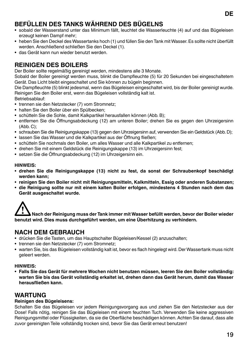 19 de 19 befüllen des tanks während des bügelns, Reinigen des boilers, Nach dem gebrauch | Wartung | Imetec NO-STOP PRESTIGE ECO User Manual | Page 24 / 54