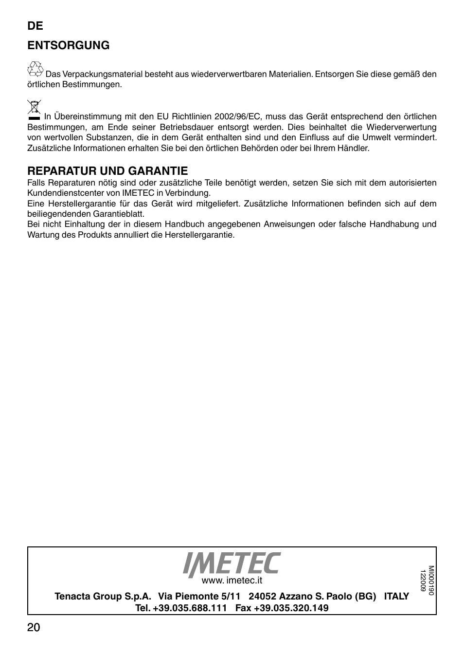 20 de 20 entsorgung, Reparatur und garantie | Imetec NO-STOP PRESTIGE ECO User Manual | Page 25 / 54