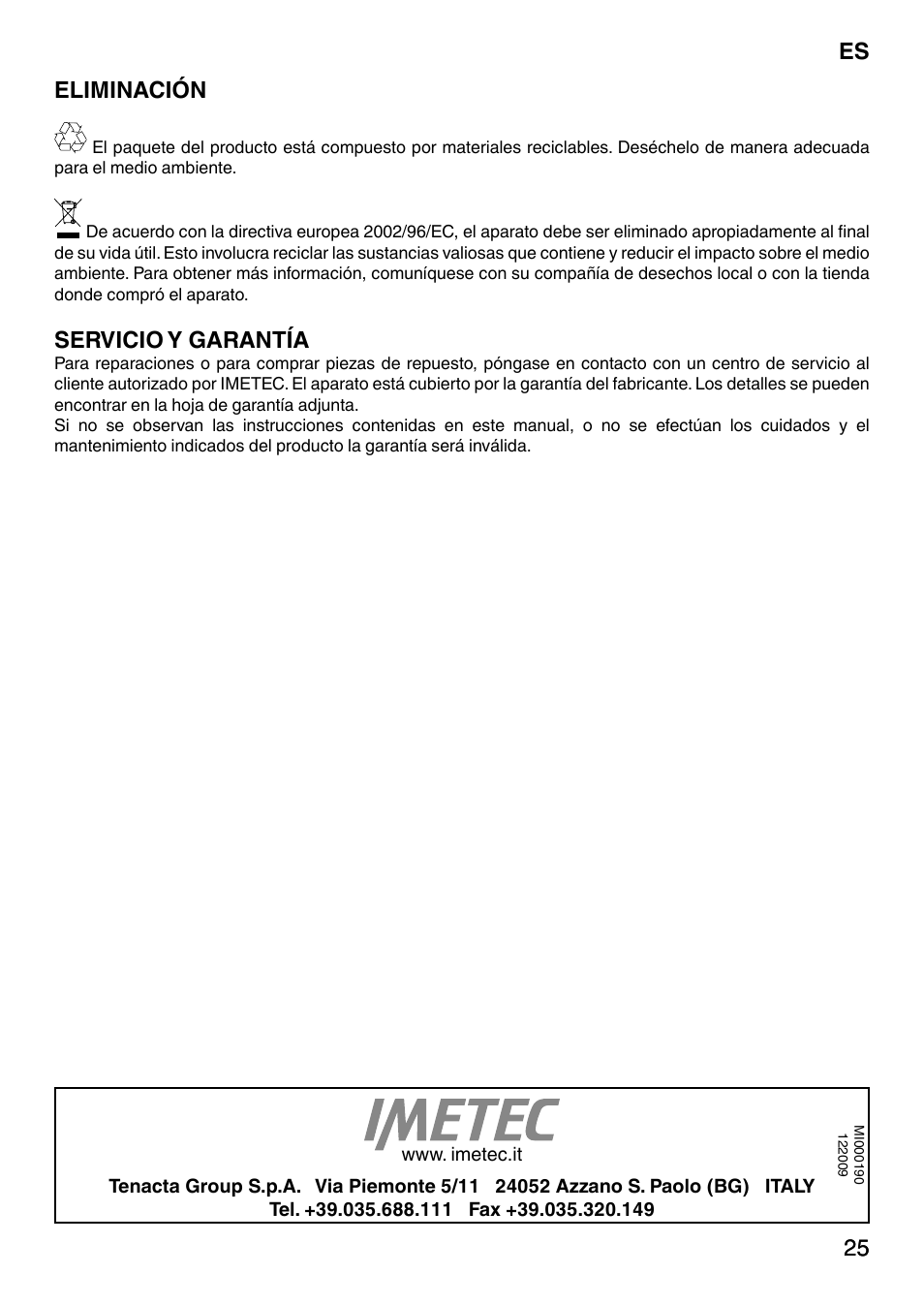 25 es 25 eliminación, Servicio y garantía | Imetec NO-STOP PRESTIGE ECO User Manual | Page 30 / 54