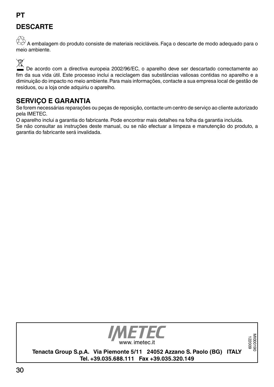 30 pt 30 descarte, Serviço e garantia | Imetec NO-STOP PRESTIGE ECO User Manual | Page 35 / 54