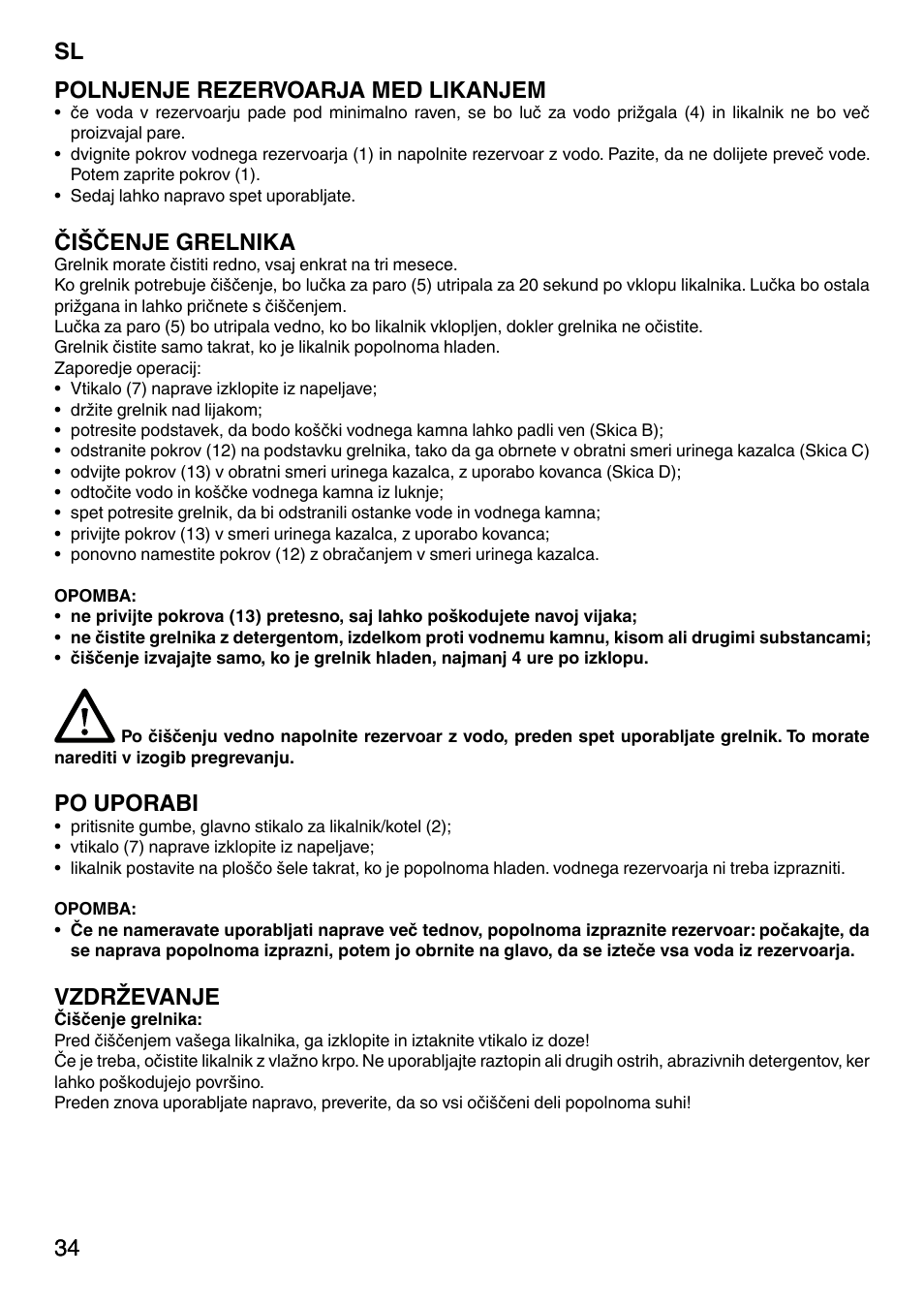 34 sl 34 polnjenje rezervoarja med likanjem, Čiščenje grelnika, Po uporabi | Vzdrževanje | Imetec NO-STOP PRESTIGE ECO User Manual | Page 39 / 54