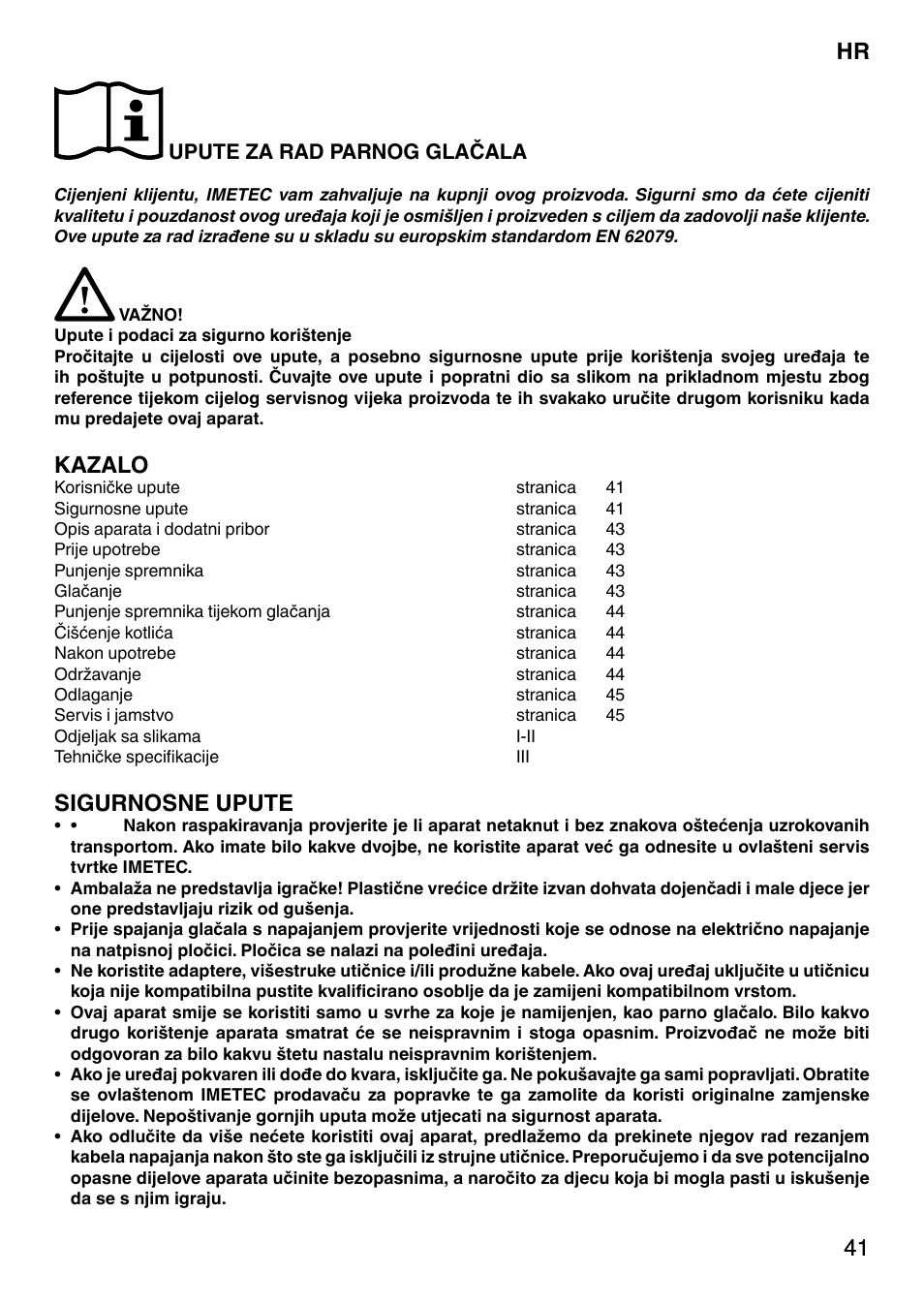 41 hr 41, Kazalo, Sigurnosne upute | Upute za rad parnog glačala | Imetec NO-STOP PRESTIGE ECO User Manual | Page 46 / 54