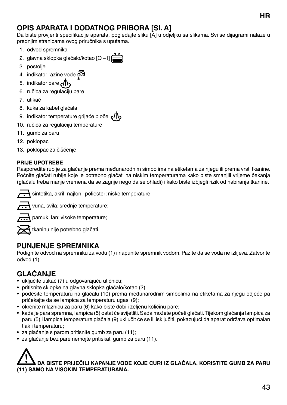 43 hr 43 opis aparata i dodatnog pribora [sl. a, Punjenje spremnika, Glačanje | Imetec NO-STOP PRESTIGE ECO User Manual | Page 48 / 54