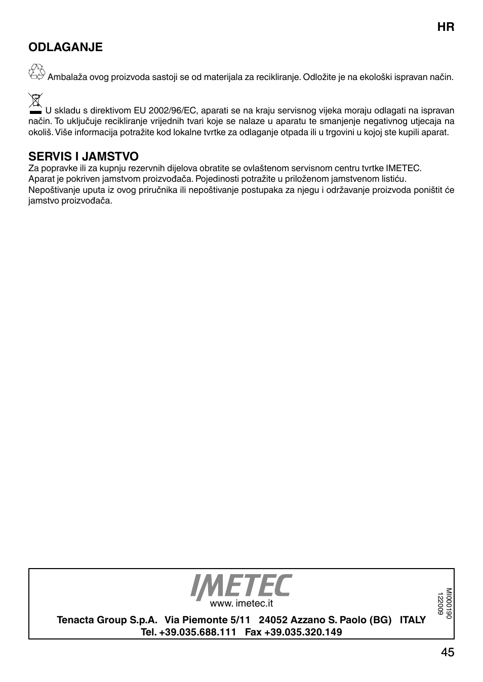 45 hr 45 odlaganje, Servis i jamstvo | Imetec NO-STOP PRESTIGE ECO User Manual | Page 50 / 54