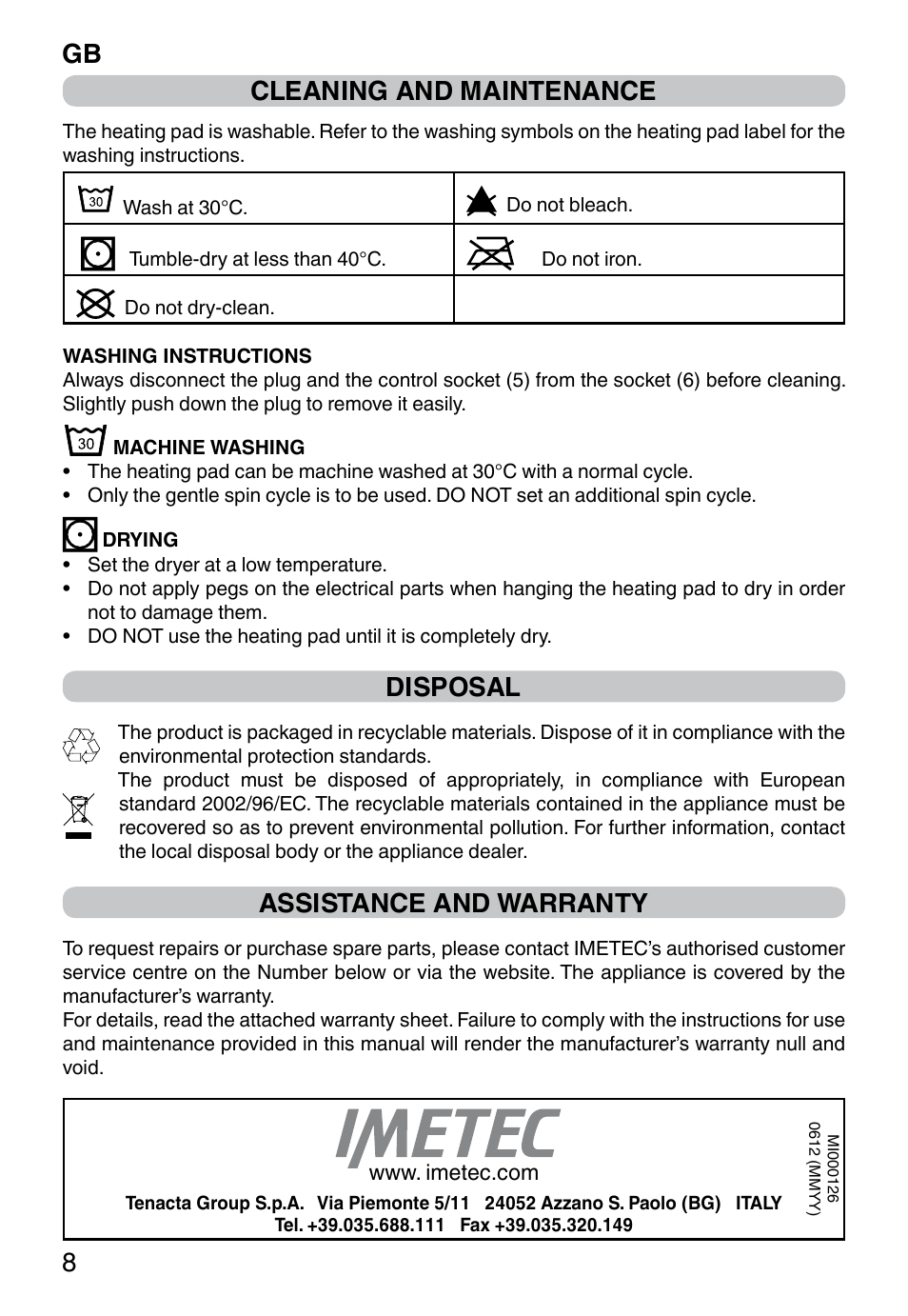 Gb 8 cleaning and maintenance, Disposal, Assistance and warranty | Imetec HP-02 INTELLISENSE User Manual | Page 10 / 18