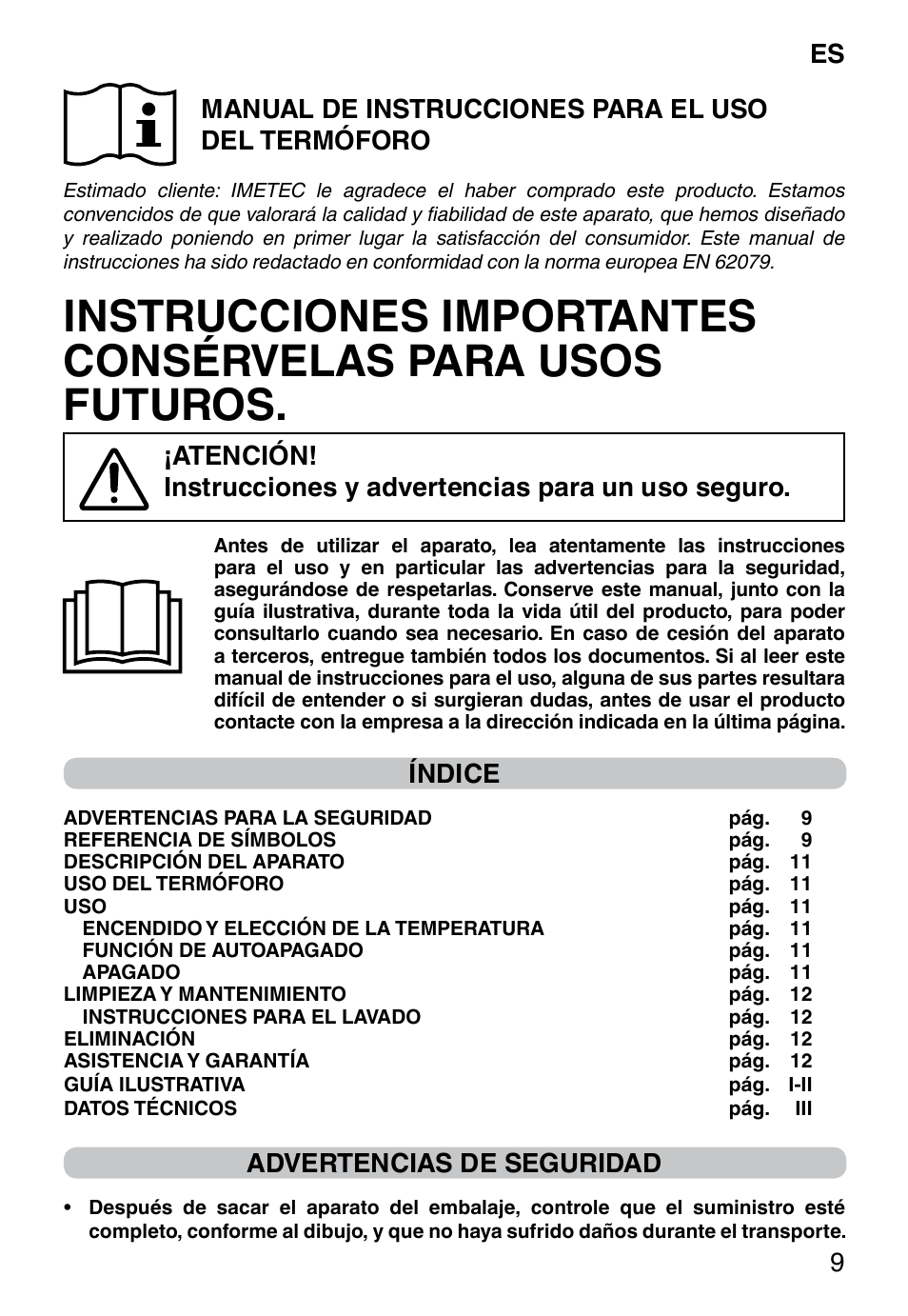 Es 9, Manual de instrucciones para el uso del termóforo, Índice | Advertencias de seguridad | Imetec HP-02 INTELLISENSE User Manual | Page 11 / 18