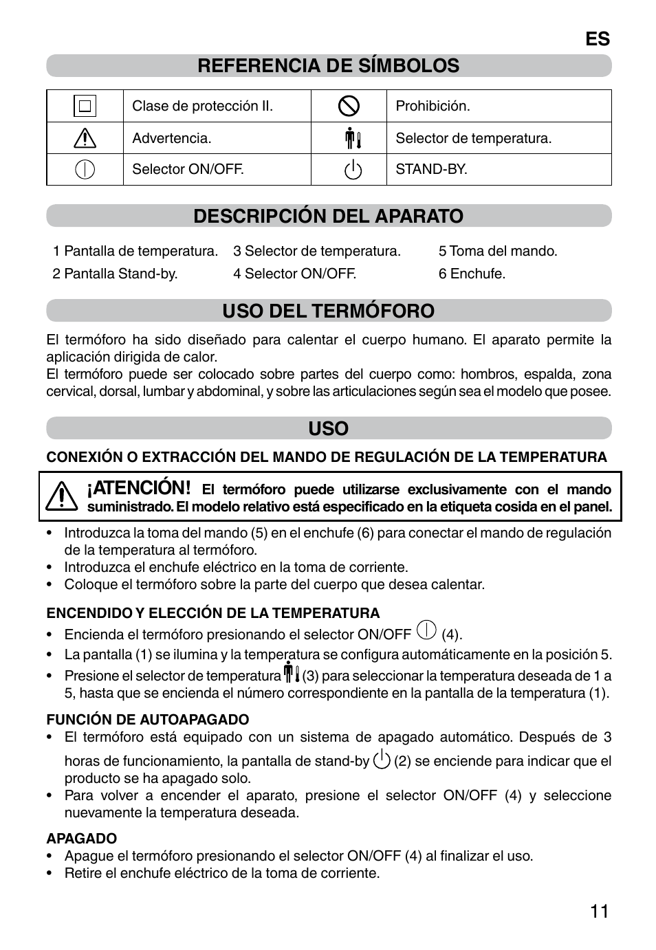 Es 11 referencia de símbolos, Descripción del aparato, Uso del termóforo | Atención | Imetec HP-02 INTELLISENSE User Manual | Page 13 / 18