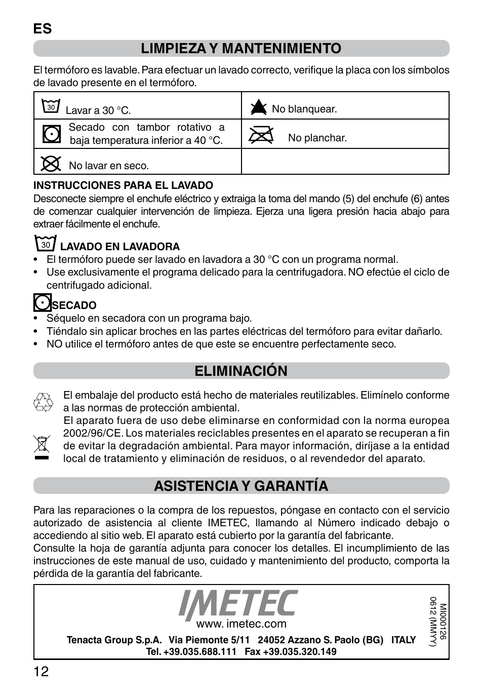 Es 12 limpieza y mantenimiento, Eliminación, Asistencia y garantía | Imetec HP-02 INTELLISENSE User Manual | Page 14 / 18