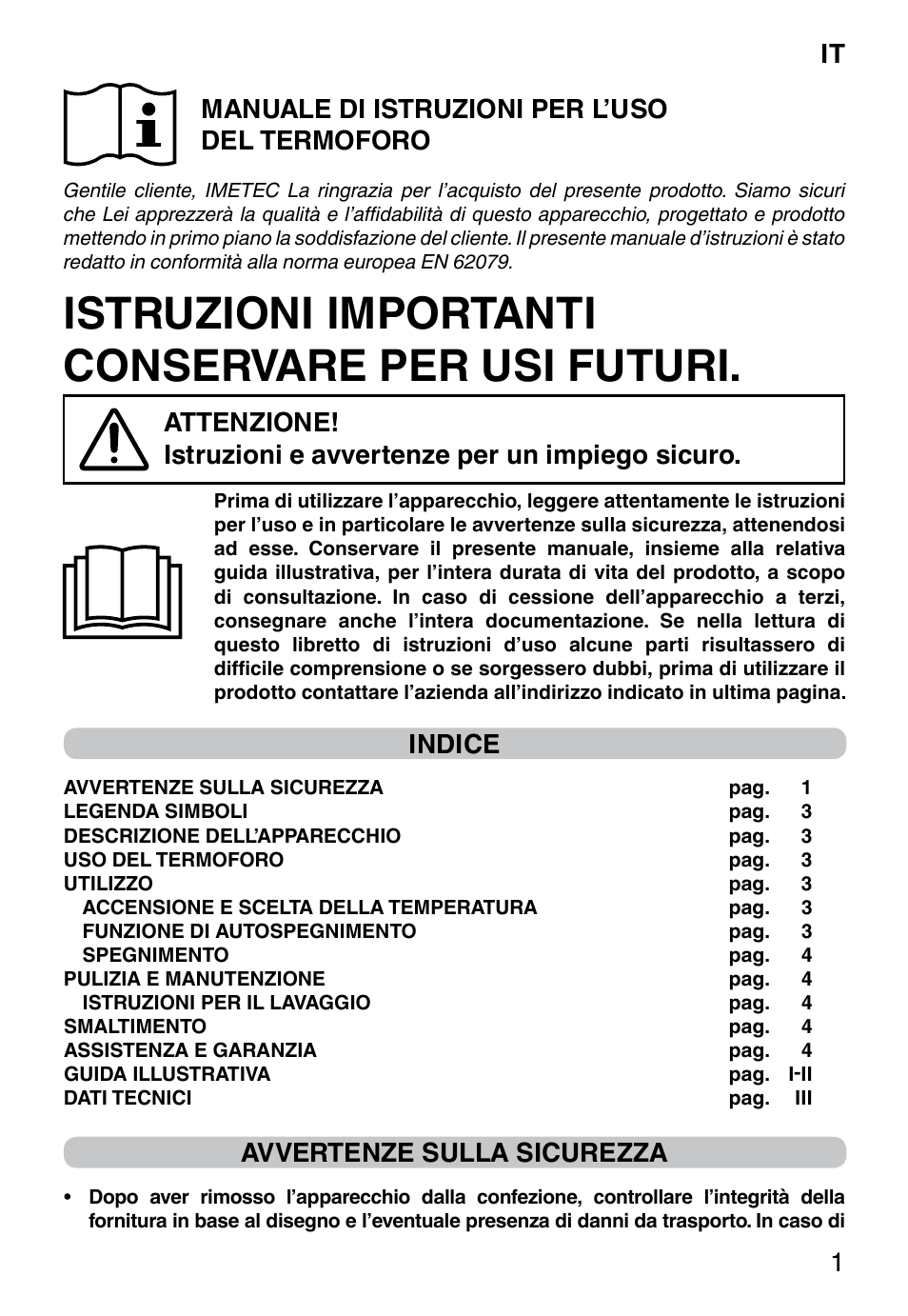 Istruzioni importanti conservare per usi futuri, It 1, Manuale di istruzioni per l’uso del termoforo | Indice, Avvertenze sulla sicurezza | Imetec HP-02 INTELLISENSE User Manual | Page 3 / 18