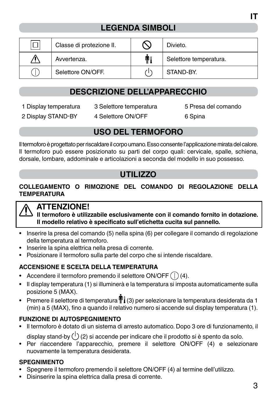 It 3 legenda simboli, Descrizione dell’apparecchio, Uso del termoforo | Utilizzo, Attenzione | Imetec HP-02 INTELLISENSE User Manual | Page 5 / 18