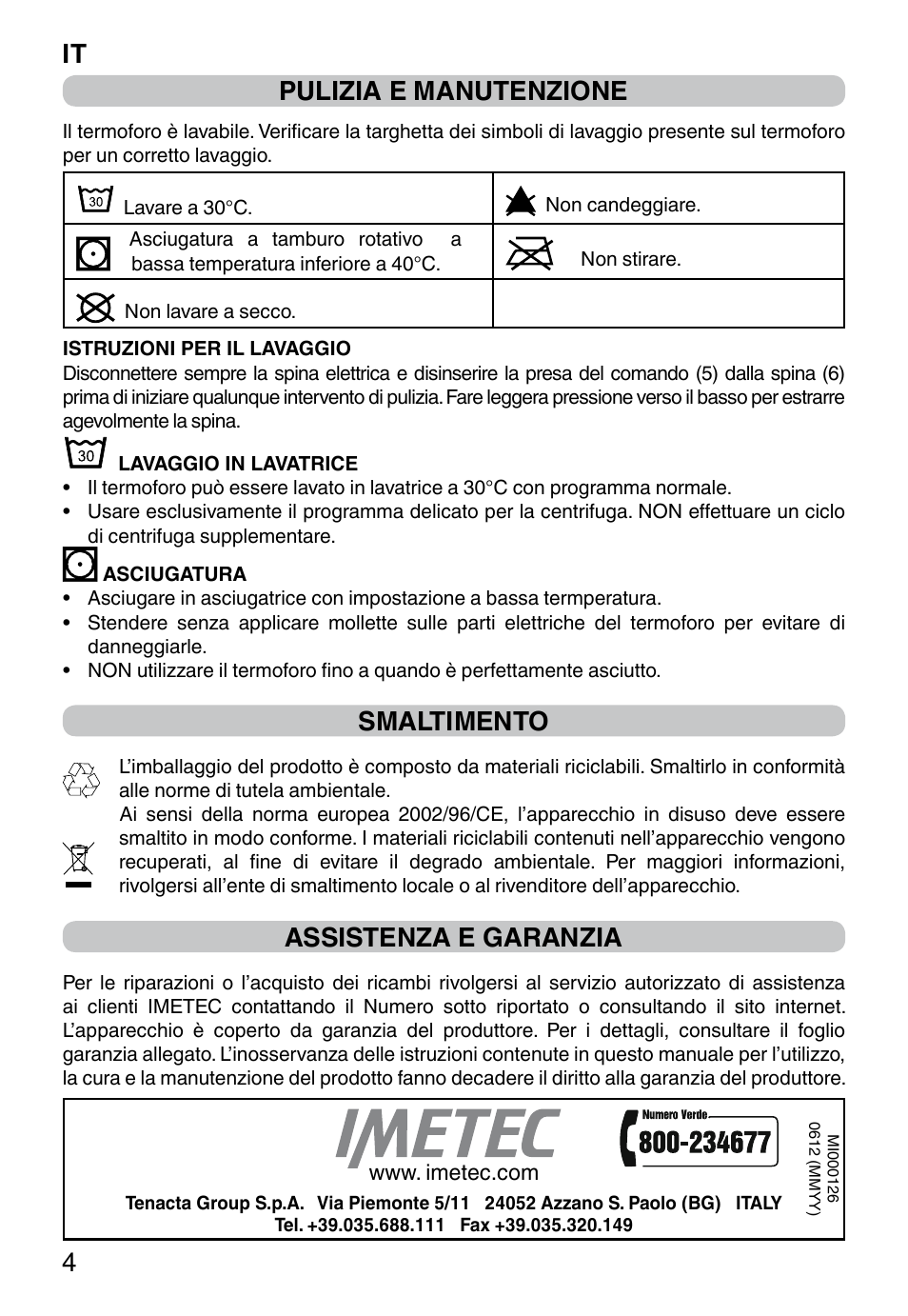 It 4 pulizia e manutenzione, Smaltimento, Assistenza e garanzia | Imetec HP-02 INTELLISENSE User Manual | Page 6 / 18