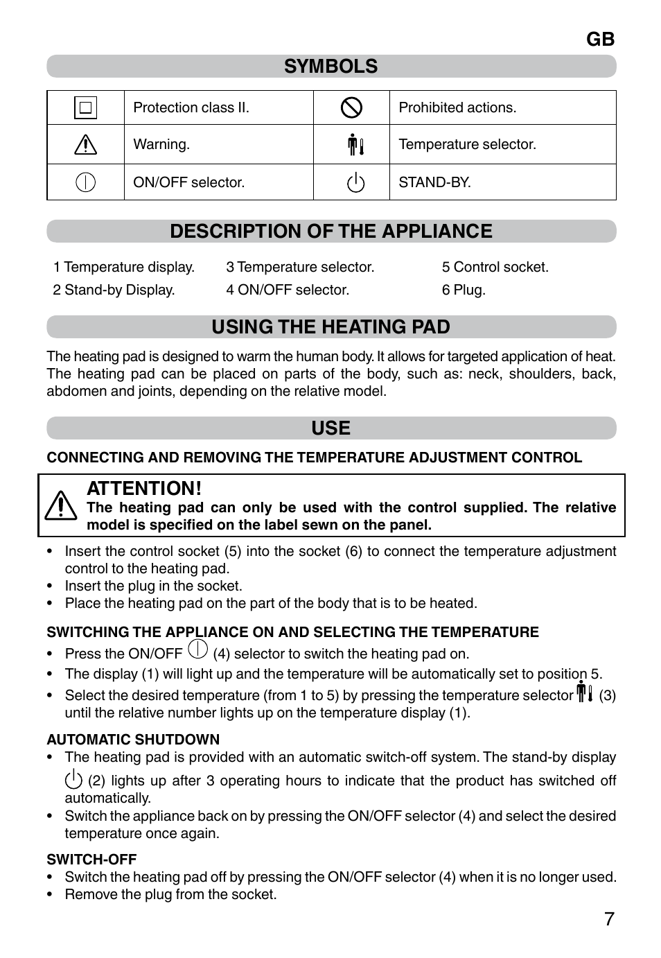 Gb 7 symbols, Description of the appliance, Using the heating pad | Attention | Imetec HP-02 INTELLISENSE User Manual | Page 9 / 18