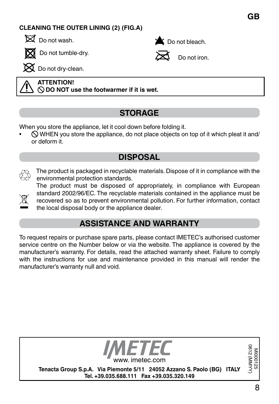 Gb 8, Storage, Disposal | Assistance and warranty | Imetec FW-01 INTELLISENSE User Manual | Page 10 / 18
