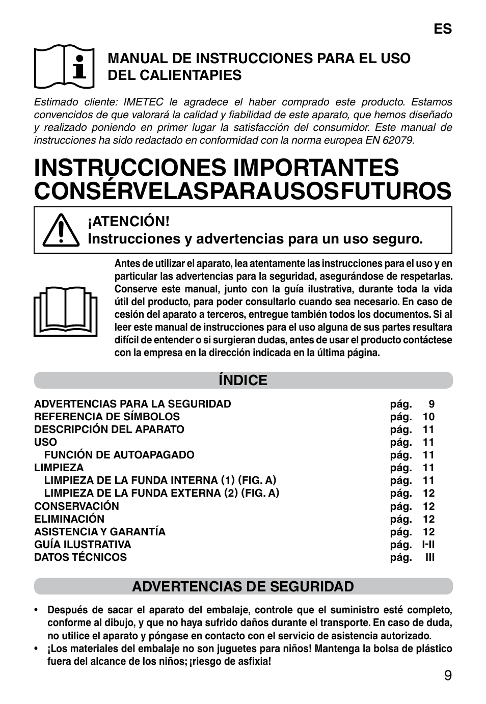 Es 9, Índice, Advertencias de seguridad | Imetec FW-01 INTELLISENSE User Manual | Page 11 / 18