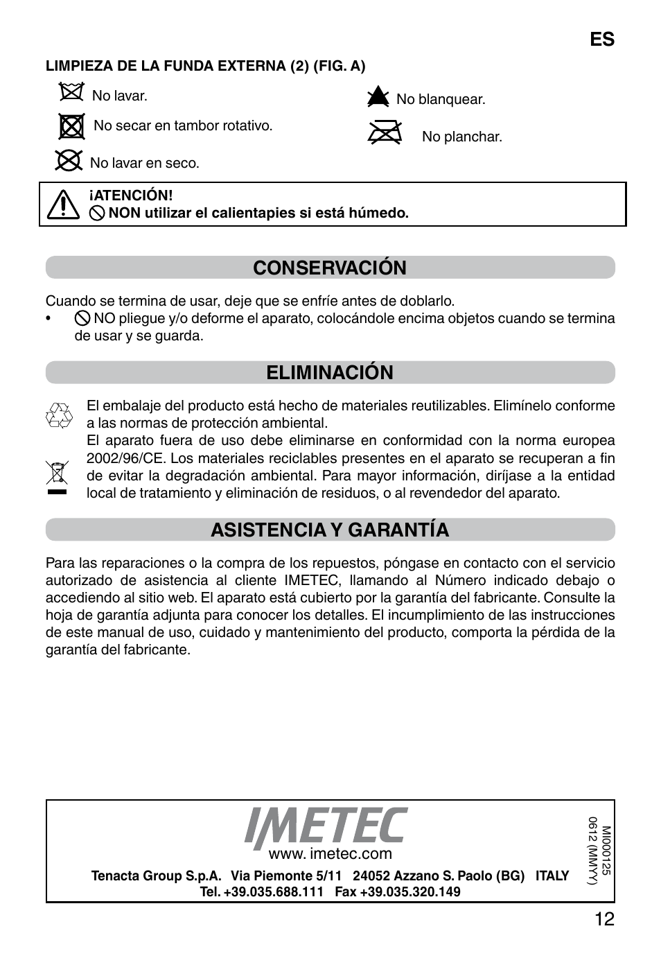 Es 12, Conservación, Eliminación | Asistencia y garantía | Imetec FW-01 INTELLISENSE User Manual | Page 14 / 18