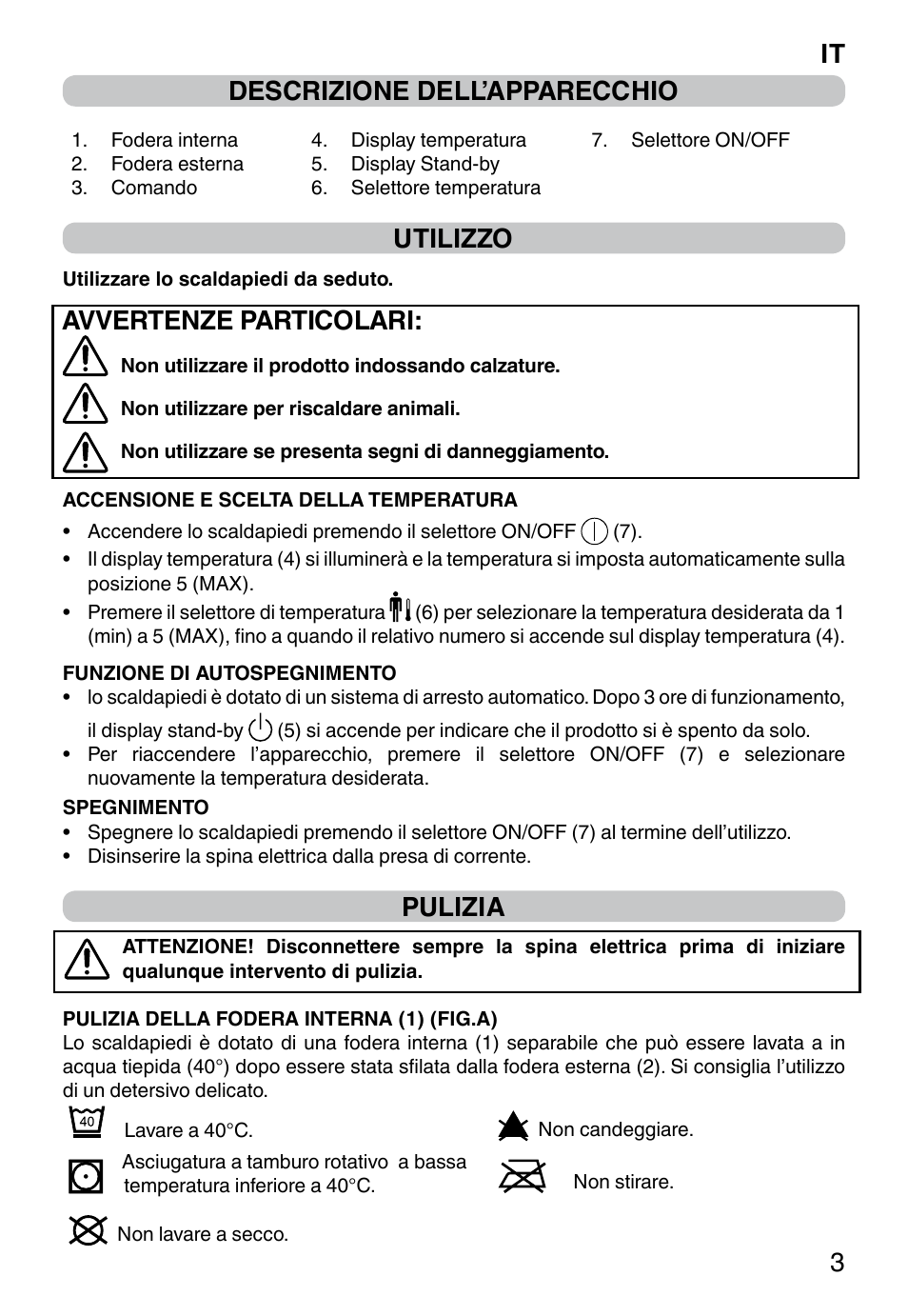 It 3 descrizione dell’apparecchio, Utilizzo, Avvertenze particolari | Pulizia | Imetec FW-01 INTELLISENSE User Manual | Page 5 / 18