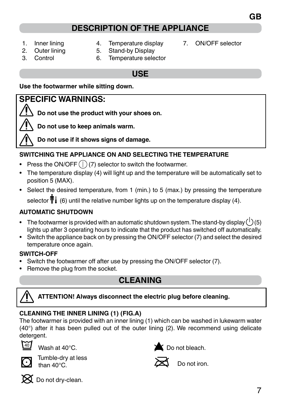 Gb 7 description of the appliance, Specific warnings, Cleaning | Imetec FW-01 INTELLISENSE User Manual | Page 9 / 18