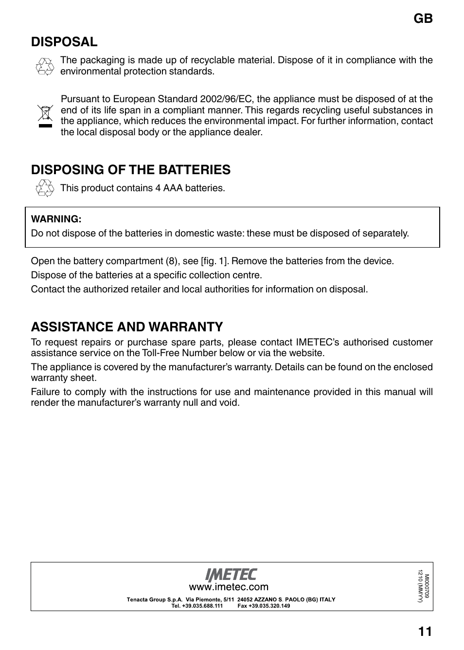 Gb 11, Disposal, Disposing of the batteries | Assistance and warranty | Imetec BF3 300 User Manual | Page 13 / 14
