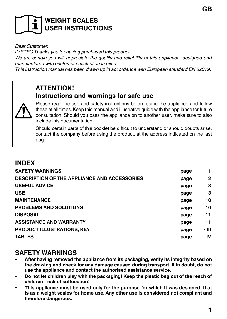 Weight scales user instructions, Attention! instructions and warnings for safe use, Index | Safety warnings, Gb 1 | Imetec BF3 300 User Manual | Page 3 / 14