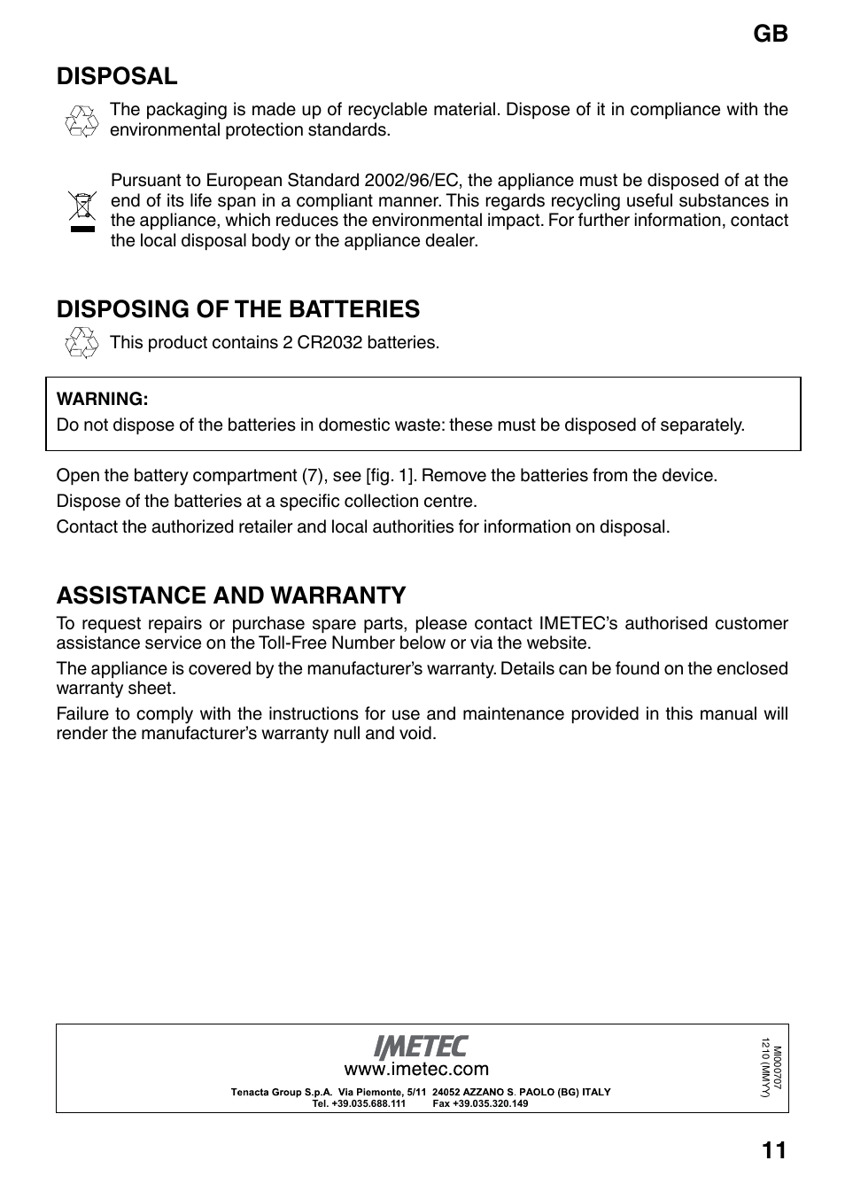 Gb 11, Disposal, Disposing of the batteries | Assistance and warranty | Imetec BF2 200 User Manual | Page 13 / 14