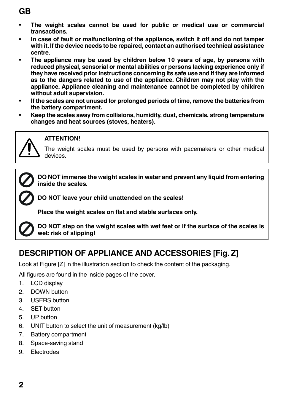 Gb 2, Description of appliance and accessories [fig. z | Imetec BF2 200 User Manual | Page 4 / 14