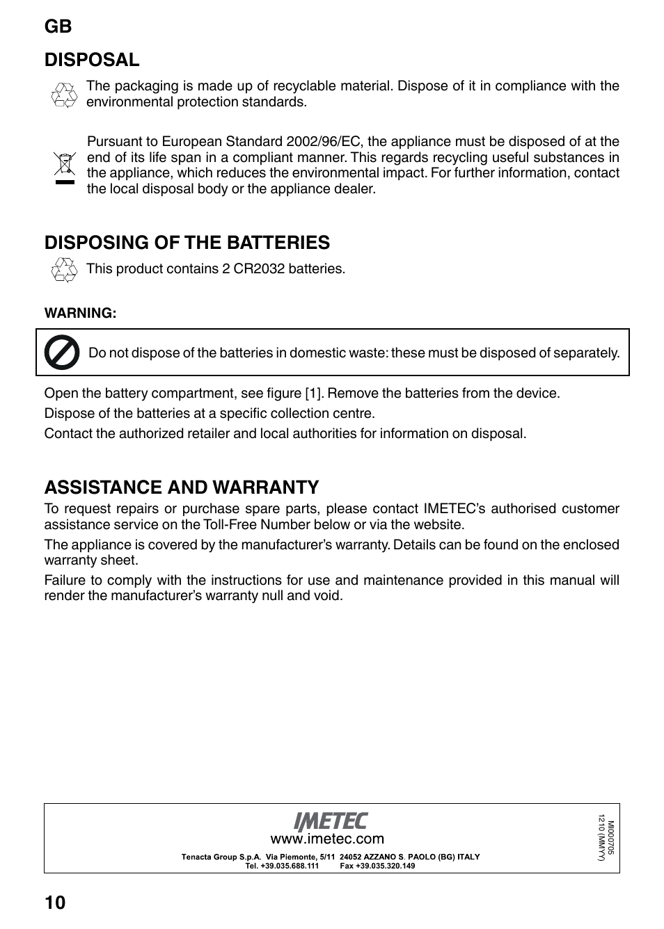 Gb 10, Disposal, Disposing of the batteries | Assistance and warranty | Imetec BM2 200 User Manual | Page 12 / 12