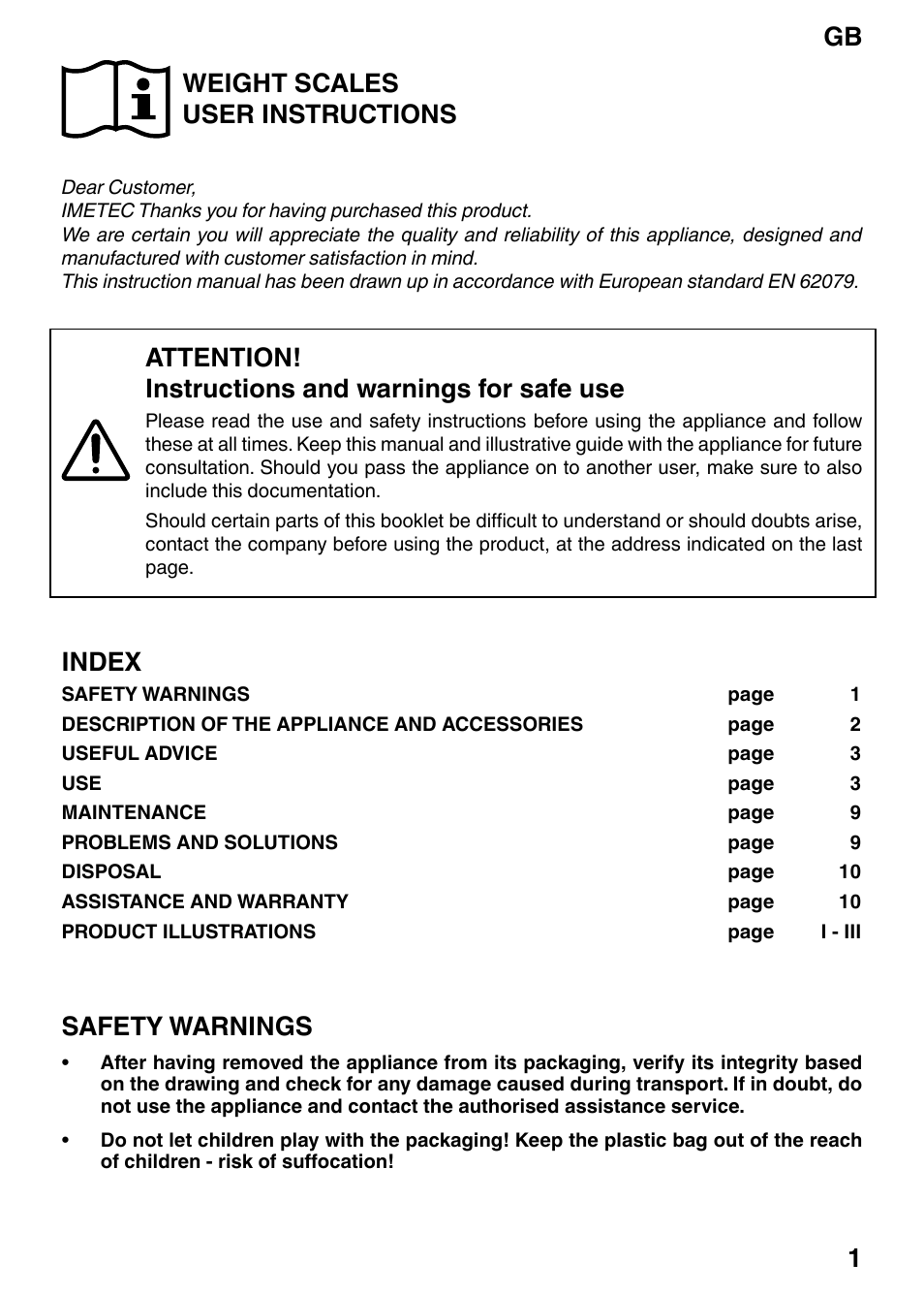 Weight scales user instructions, Attention! instructions and warnings for safe use, Index | Safety warnings, Gb 1 | Imetec BM2 200 User Manual | Page 3 / 12