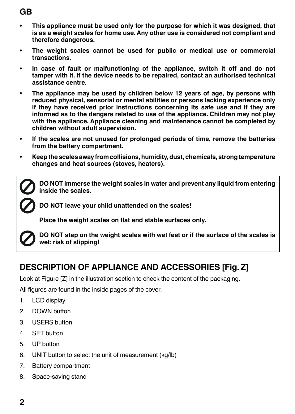 Gb 2, Description of appliance and accessories [fig. z | Imetec BM2 200 User Manual | Page 4 / 12