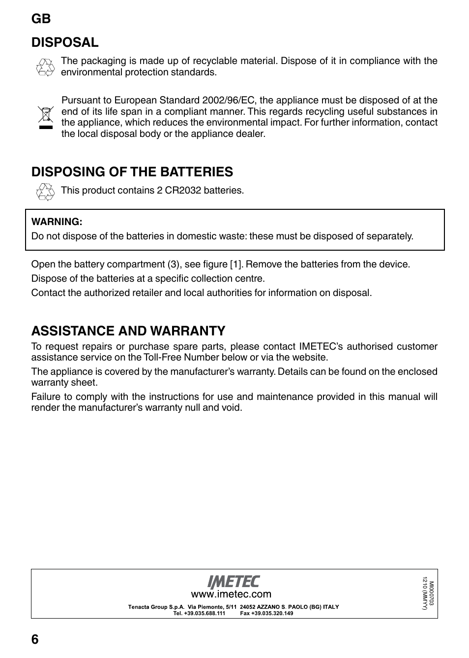Gb 6, Disposal, Disposing of the batteries | Assistance and warranty | Imetec BS3 300 User Manual | Page 8 / 8