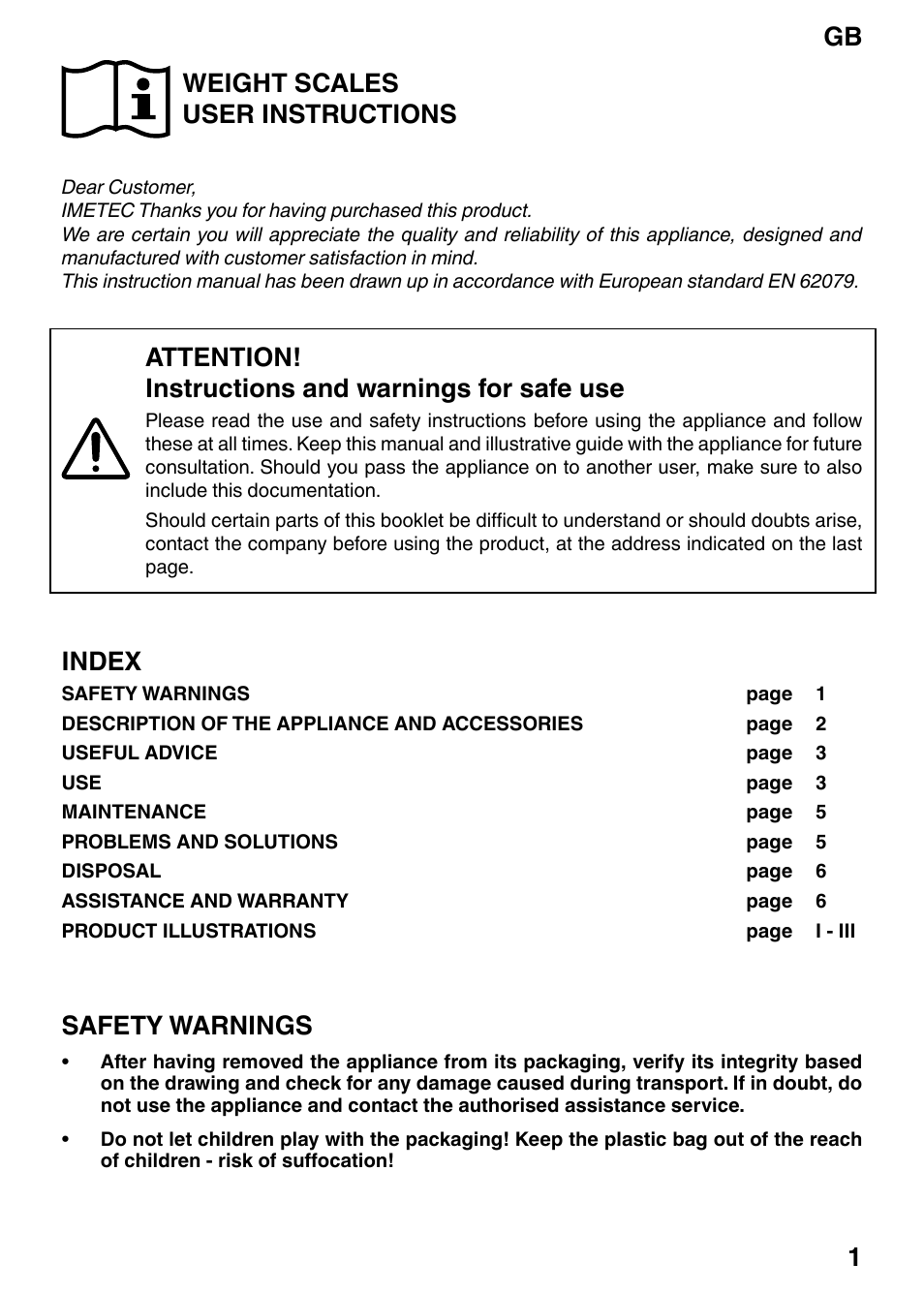 Weight scales user instructions, Attention! instructions and warnings for safe use, Index | Safety warnings, Gb 1 | Imetec BS2 200 User Manual | Page 3 / 8