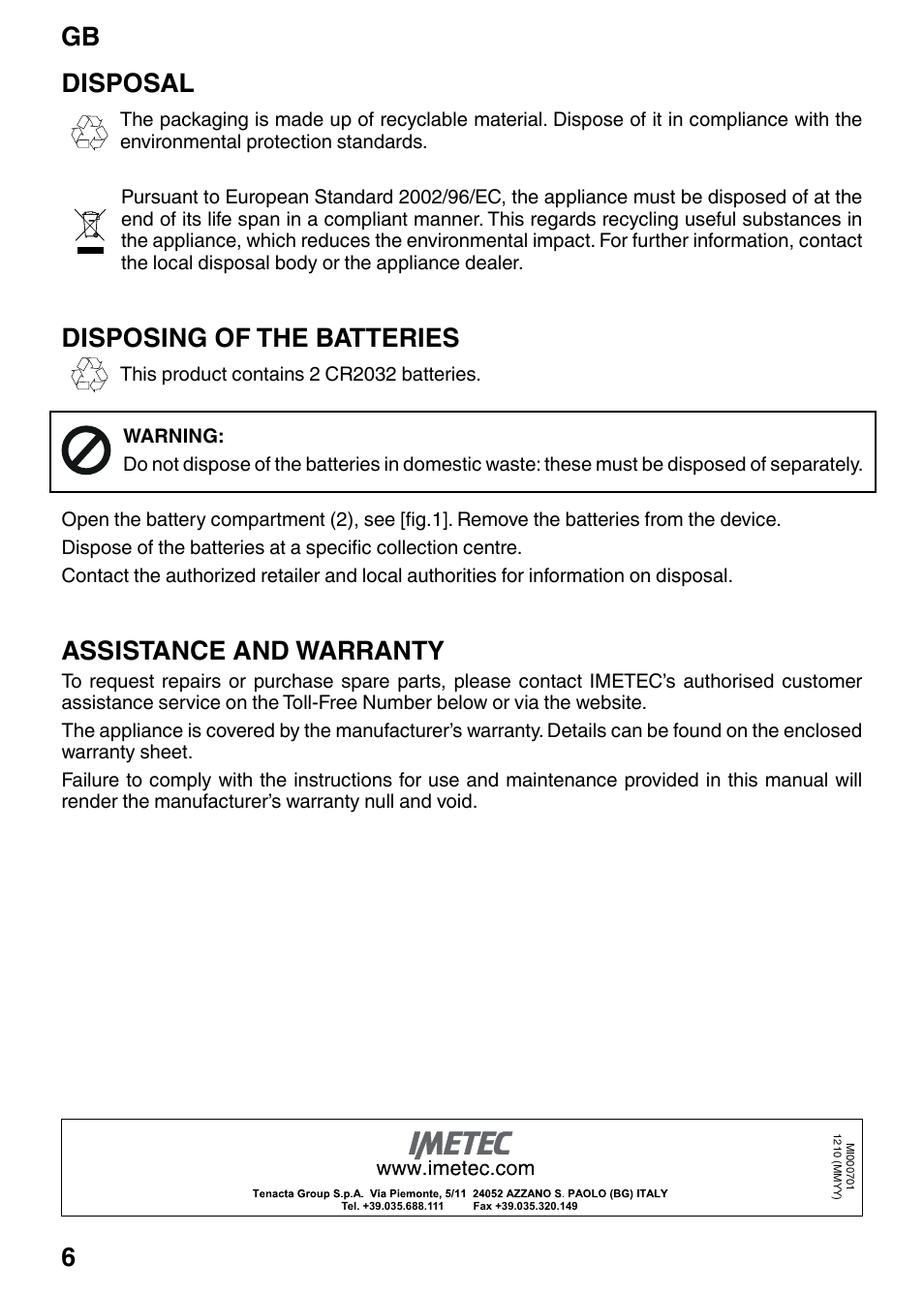 Gb 6, Disposal, Disposing of the batteries | Assistance and warranty | Imetec BS2 200 User Manual | Page 8 / 8