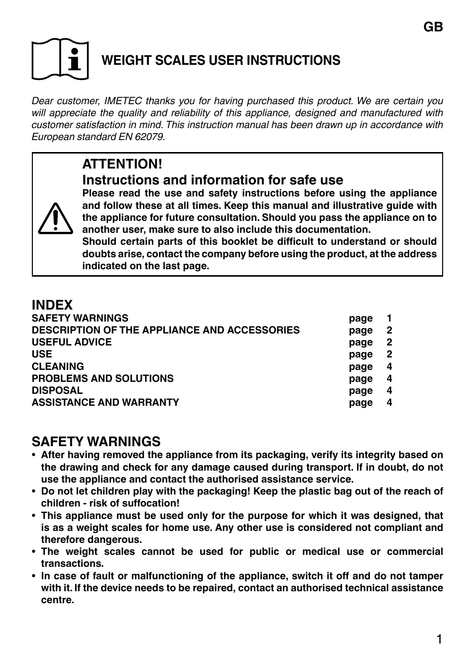 Gb 1 weight scales user instructions, Index, Safety warnings | Imetec ECO SB1 100 User Manual | Page 3 / 6