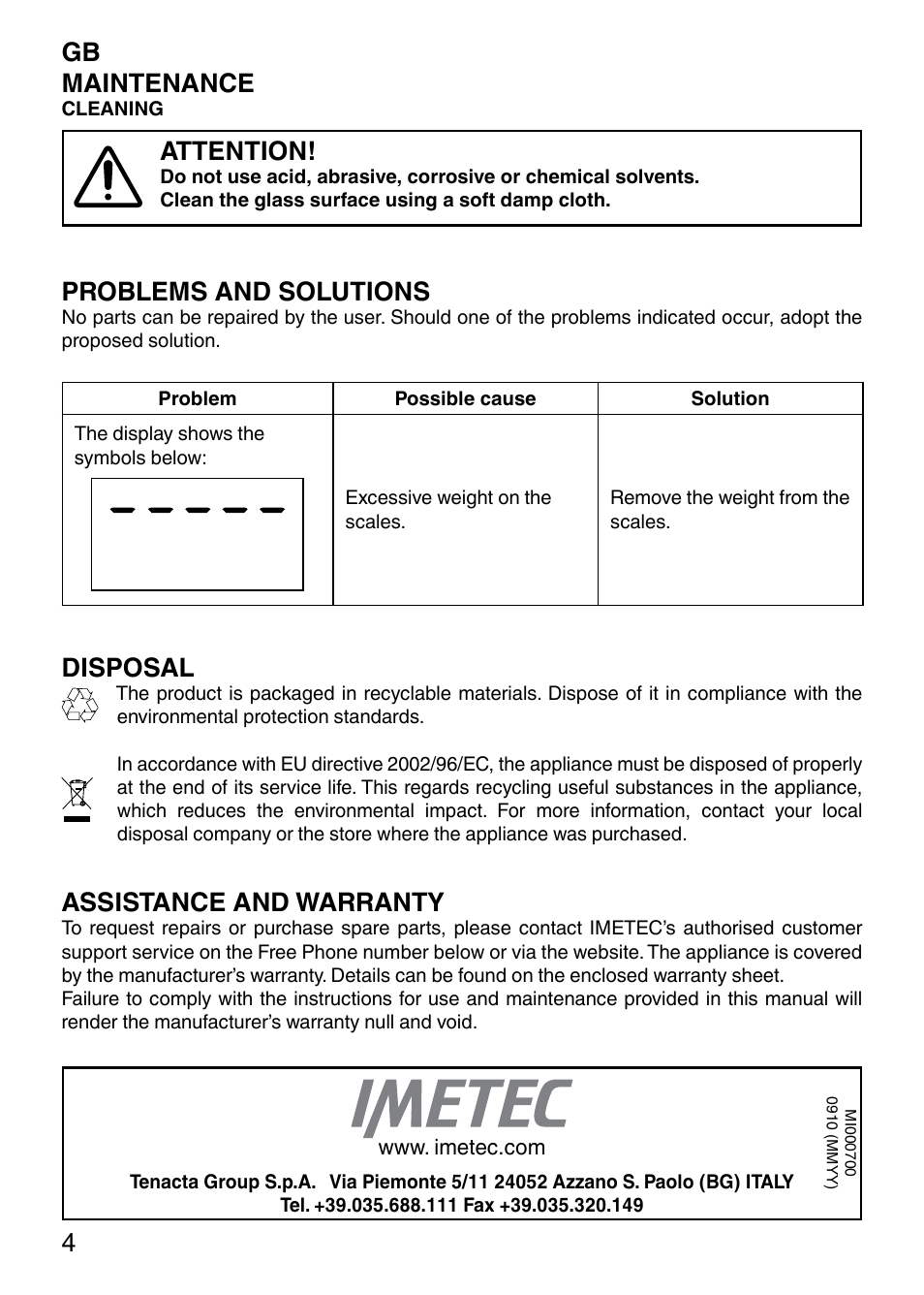 Gb 4 maintenance, Attention, Problems and solutions | Disposal, Assistance and warranty | Imetec ECO SB1 100 User Manual | Page 6 / 6