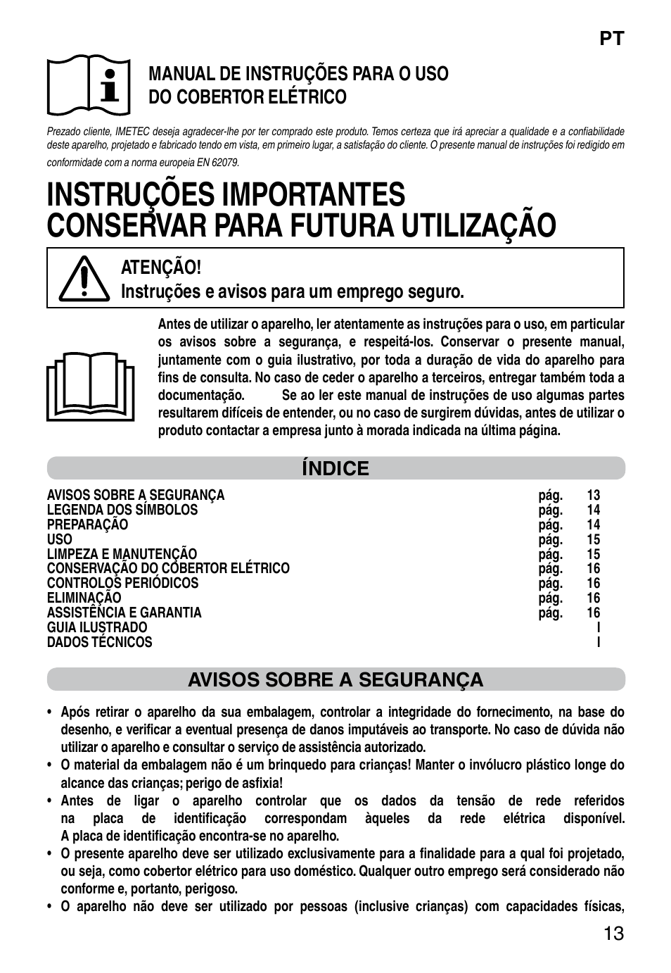 It 13, Índice, Avisos sobre a segurança | Imetec RELAXY SINGLE User Manual | Page 15 / 56