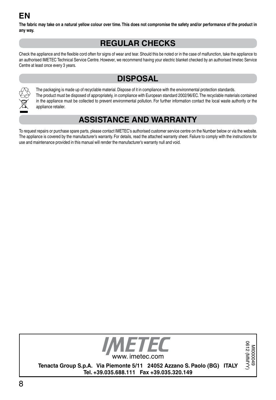 It 8, Regular checks, Disposal | Assistance and warranty | Imetec RELAXY QUILTED DOUBLE DUAL User Manual | Page 10 / 56