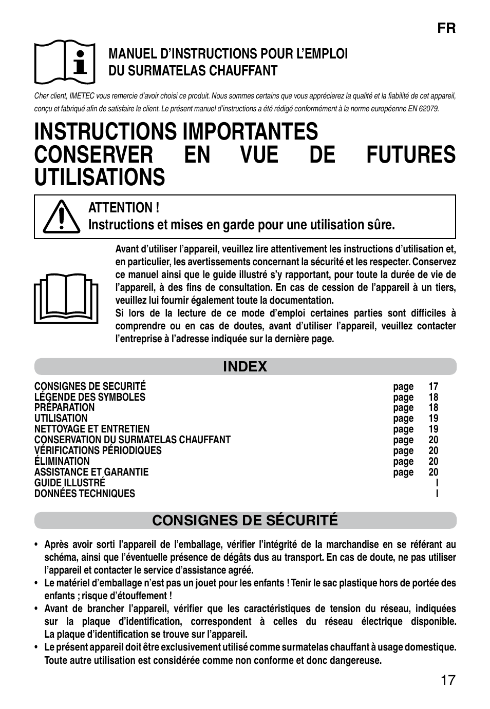 It 17, Index, Consignes de sécurité | Imetec RELAXY QUILTED DOUBLE DUAL User Manual | Page 19 / 56