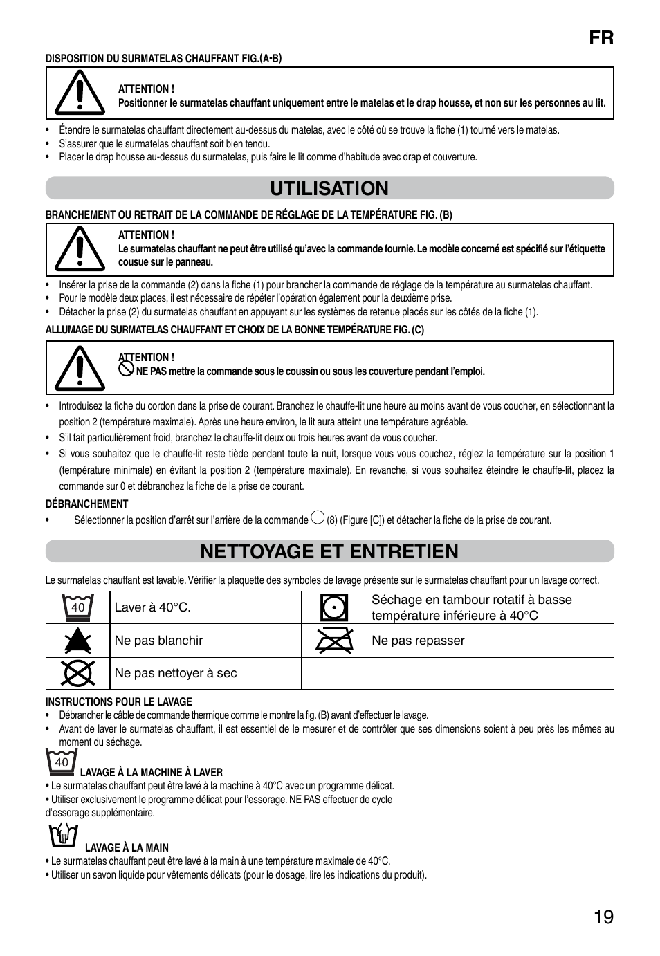 It 19, Utilisation, Nettoyage et entretien | Imetec RELAXY QUILTED DOUBLE DUAL User Manual | Page 21 / 56