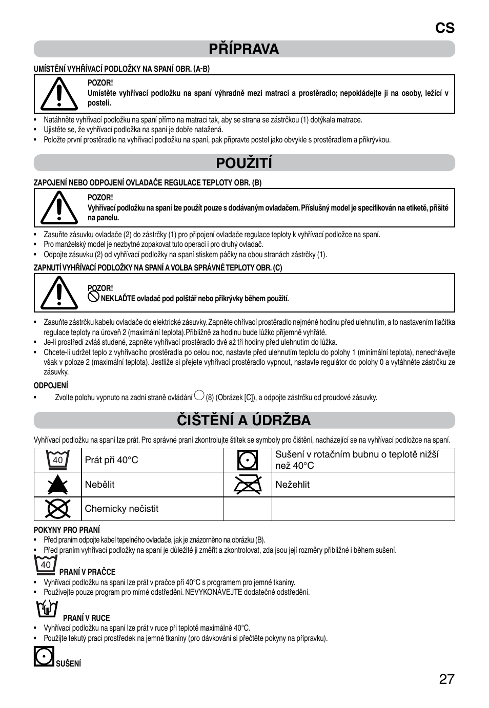 It 27 příprava, Použití, Čištění a údržba | Imetec RELAXY QUILTED DOUBLE DUAL User Manual | Page 29 / 56