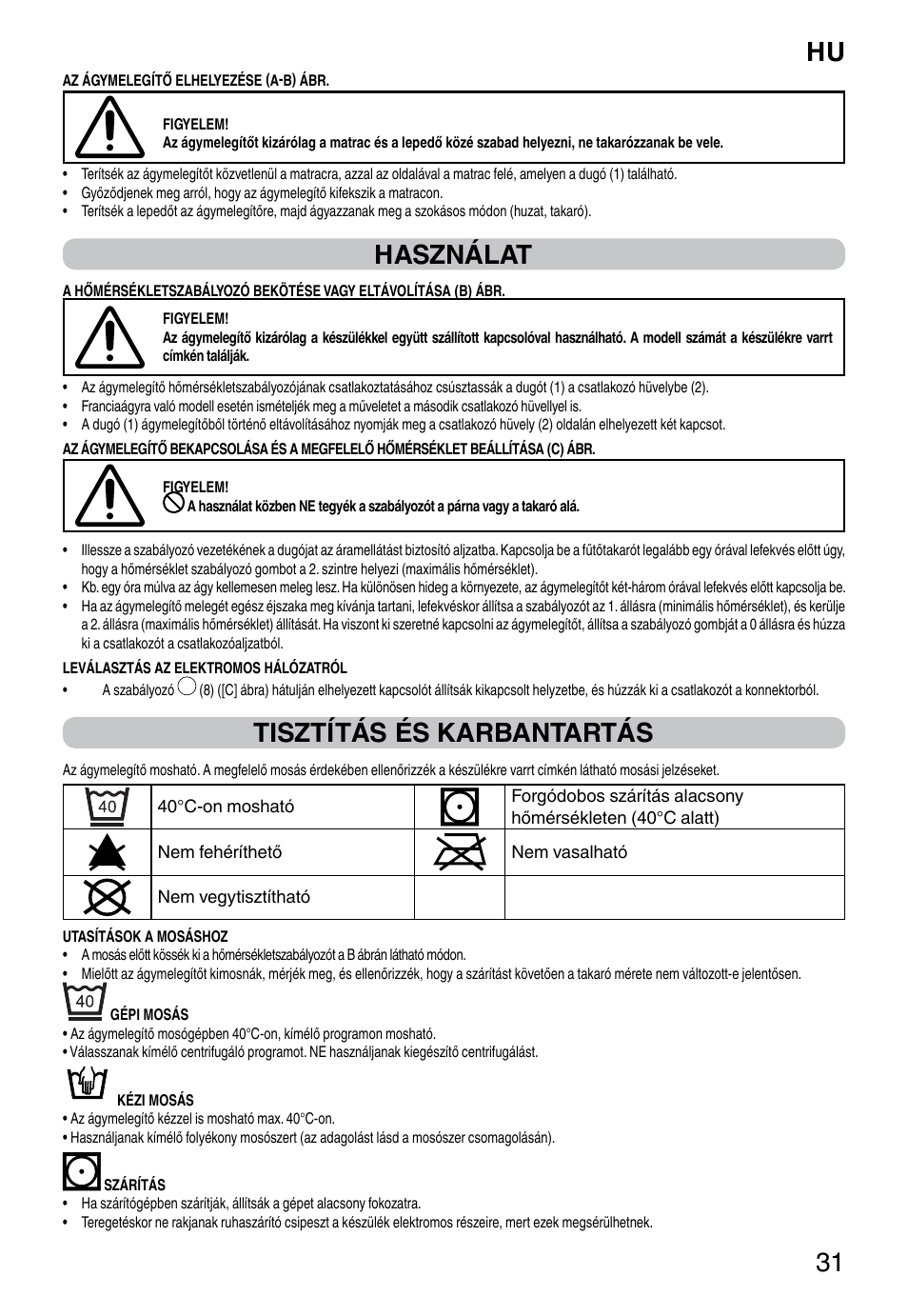 It 31, Használat, Tisztítás és karbantartás | Imetec RELAXY QUILTED DOUBLE DUAL User Manual | Page 33 / 56